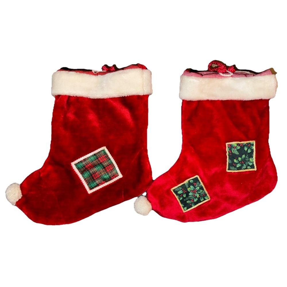 Vtg Precious Moments Christmas Stockings Set Of 2 Pom Pom Patches Plush 90's 13"